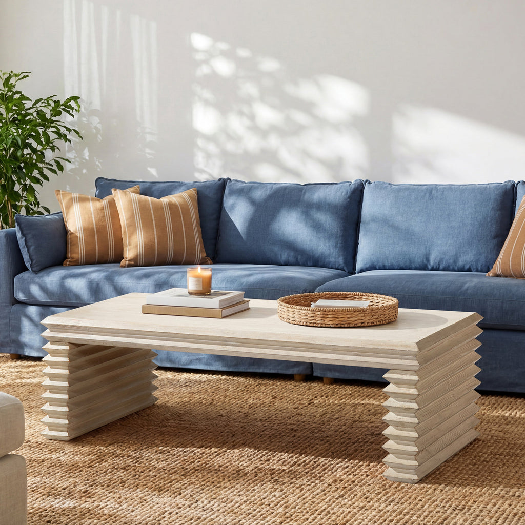 Veda 55' Reclaimed Wood Stacked Geometric Waterfall Coffee Table, Whitewashed Natural Reclaimed Pine Wood