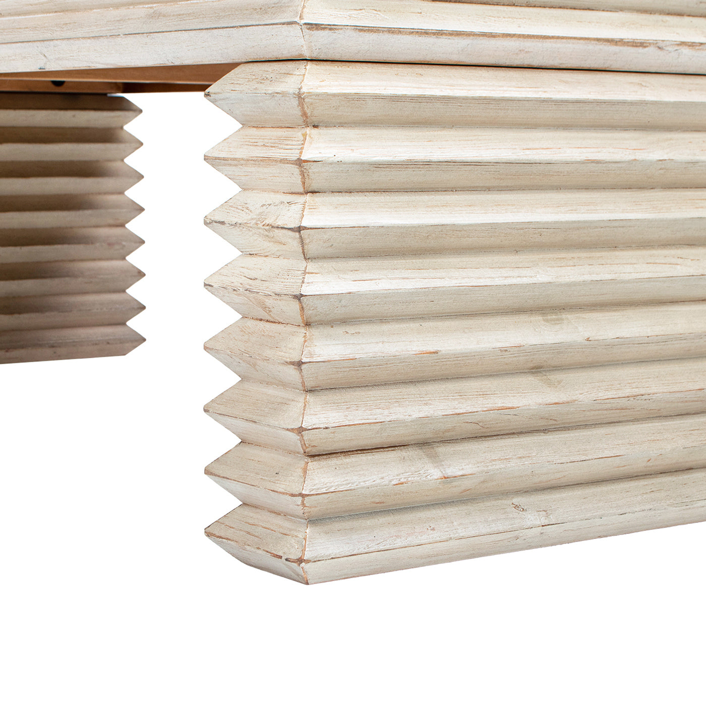 Veda 55' Reclaimed Wood Stacked Geometric Waterfall Coffee Table, Whitewashed Natural Reclaimed Pine Wood
