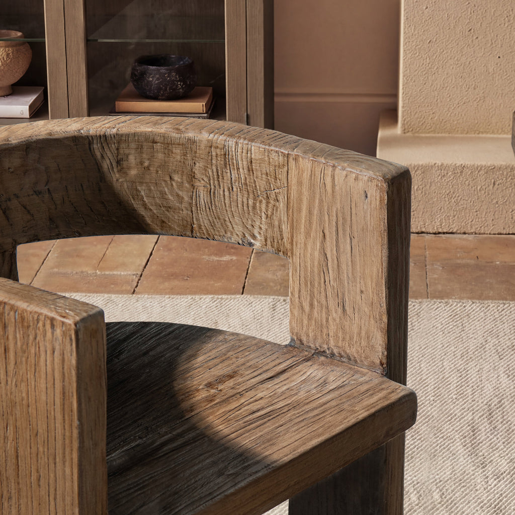 Soren Solid Reclaimed Elm Sculptural Accent Curved Dining Chair, Heritage Medium-Dark Brown