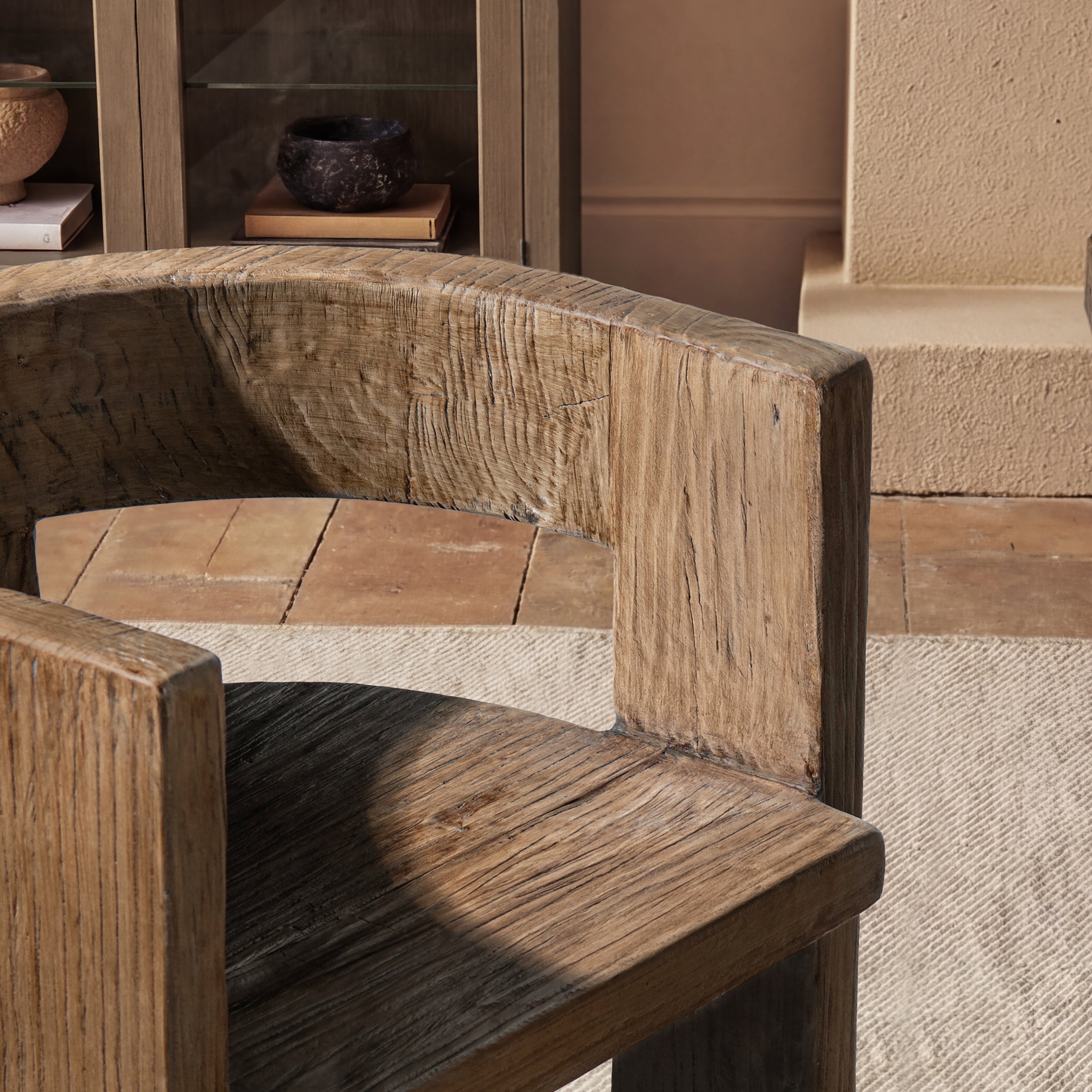 Soren Solid Reclaimed Elm Sculptural Accent Curved Dining Chair, Heritage Medium-Dark Brown