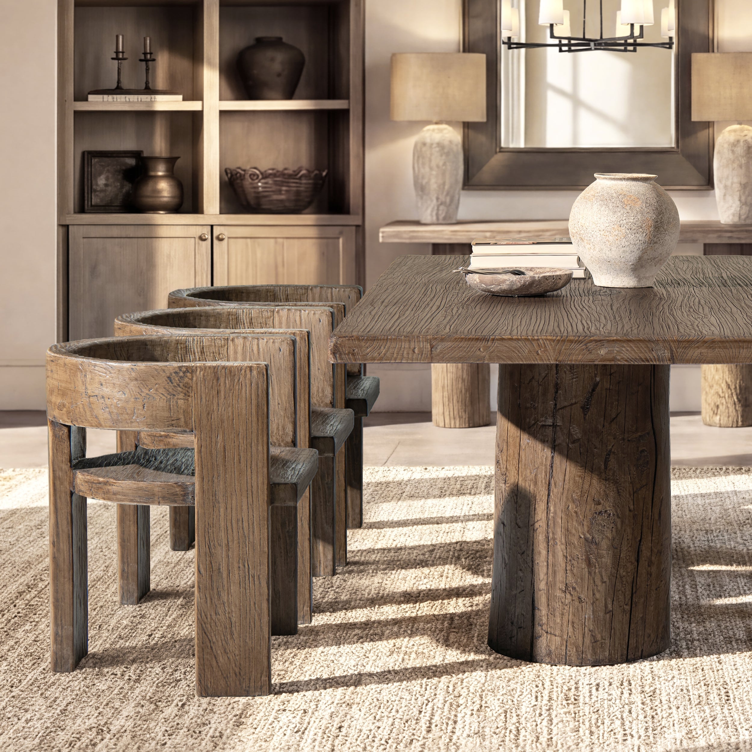 Soren Solid Reclaimed Elm Sculptural Accent Curved Dining Chair, Heritage Medium-Dark Brown