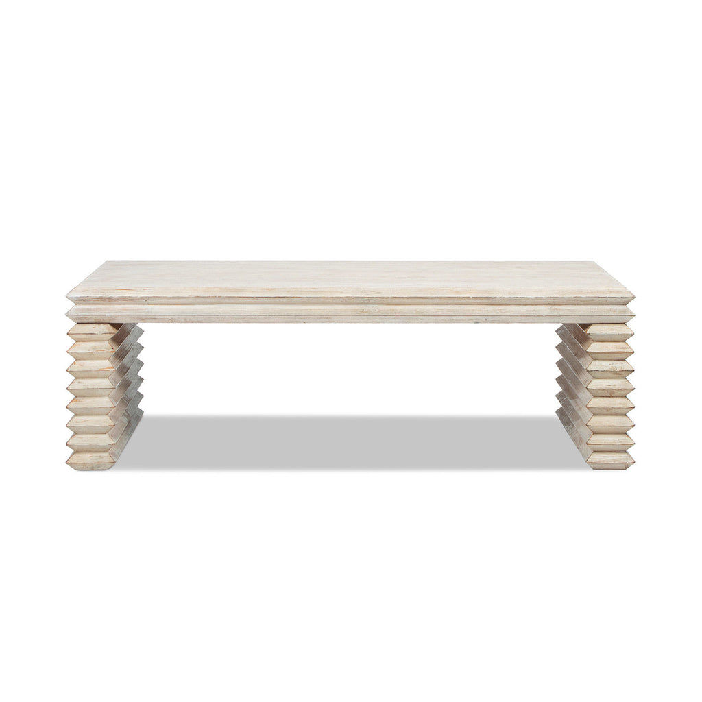 Veda 55' Reclaimed Wood Stacked Geometric Waterfall Coffee Table, Whitewashed Natural Reclaimed Pine Wood