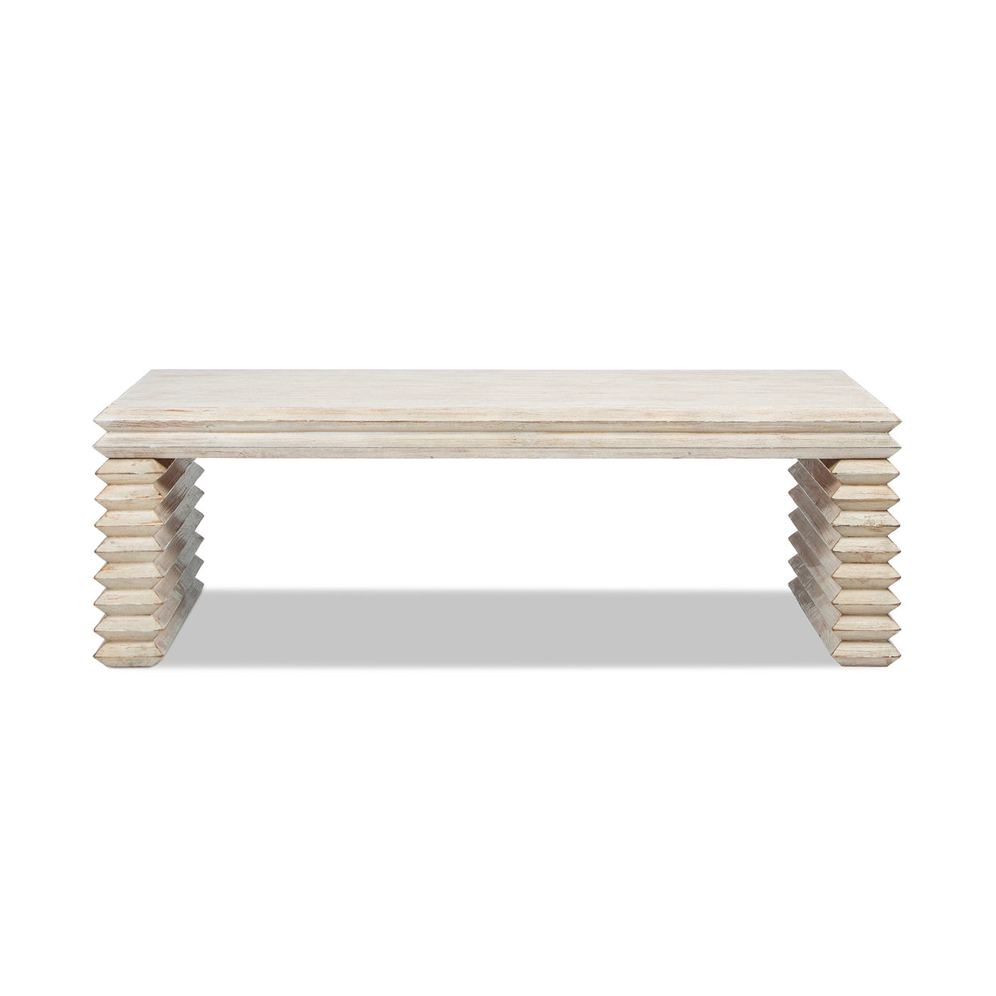 Veda 55' Reclaimed Wood Stacked Geometric Waterfall Coffee Table, Whitewashed Natural Reclaimed Pine Wood