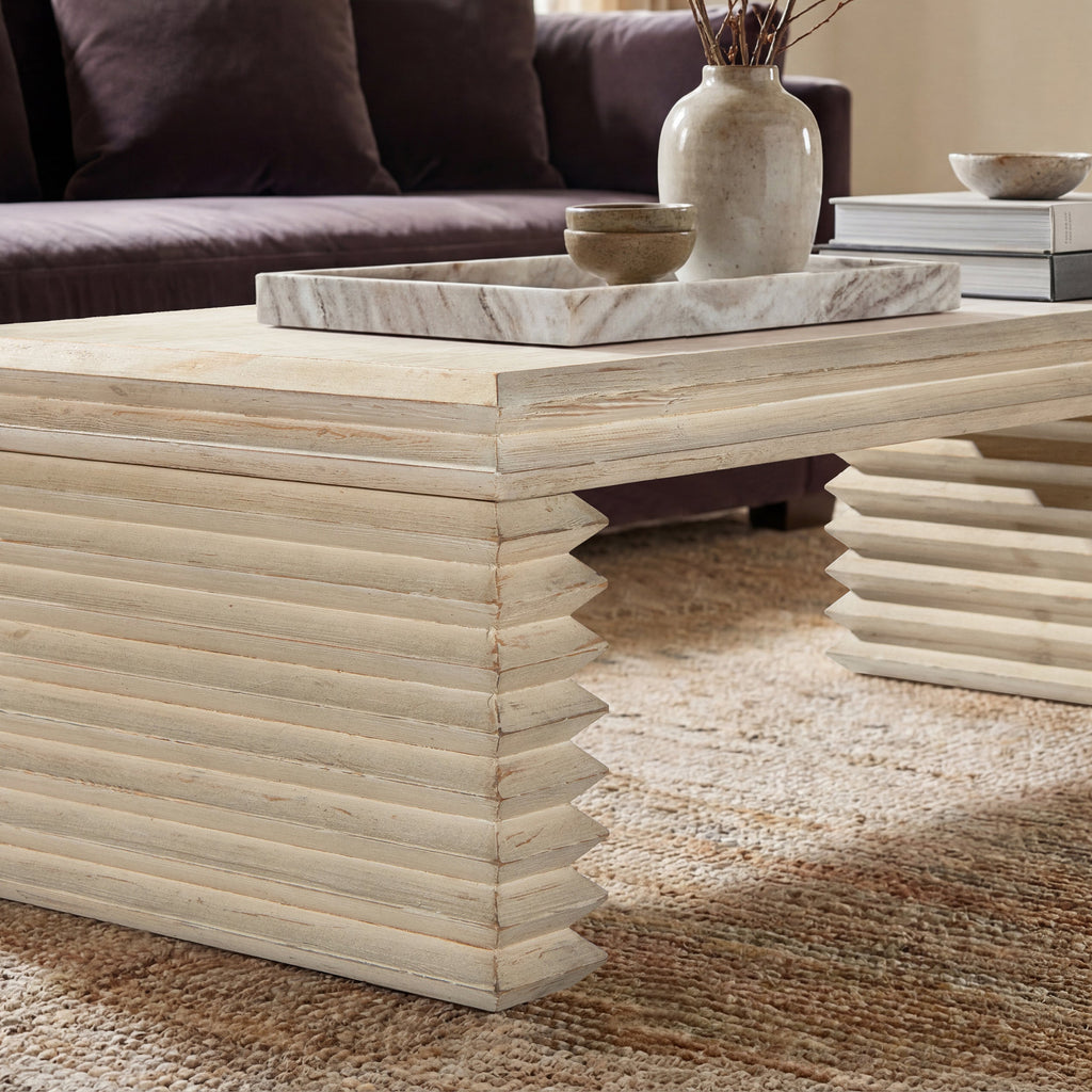 Veda 55' Reclaimed Wood Stacked Geometric Waterfall Coffee Table, Whitewashed Natural Reclaimed Pine Wood