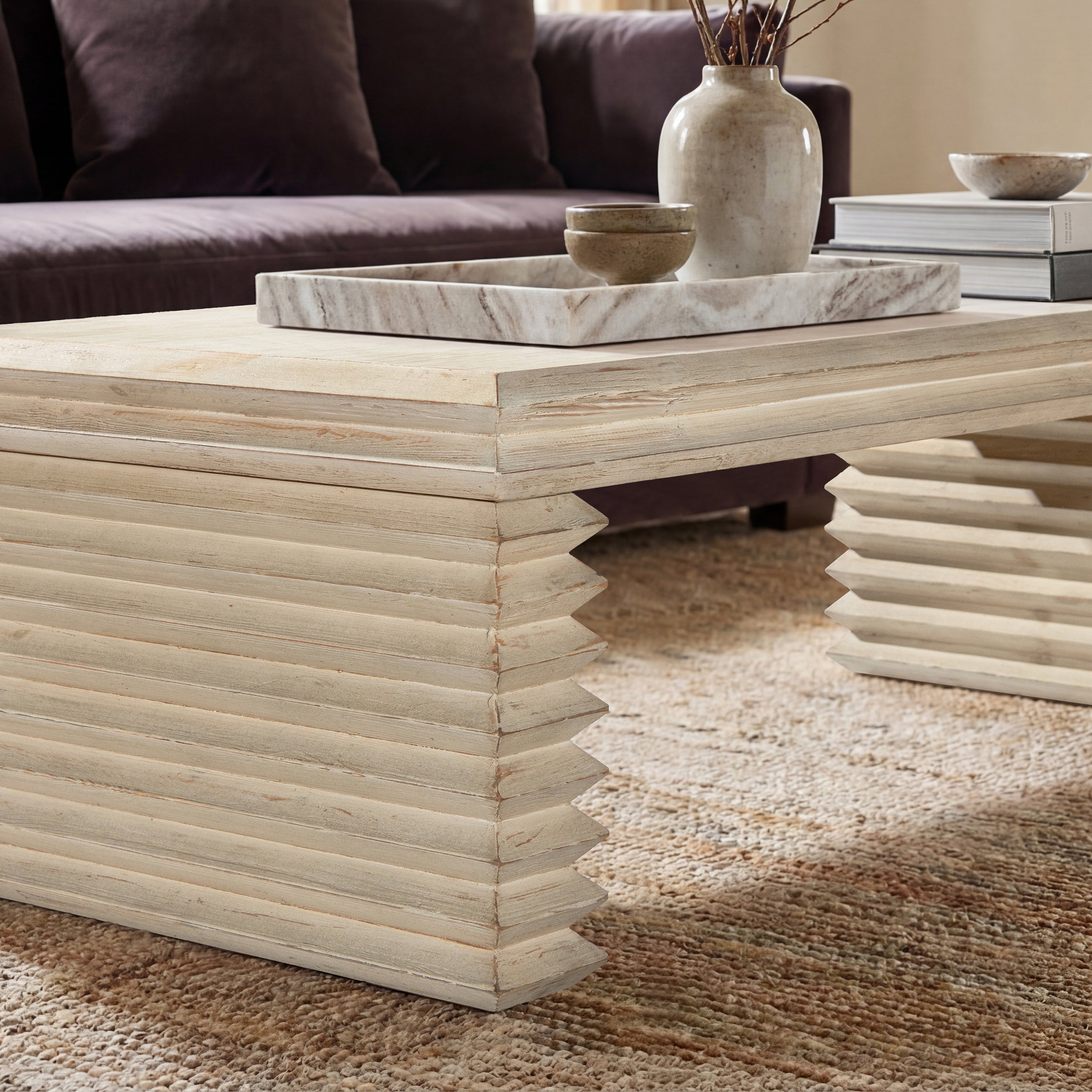 Veda 55' Reclaimed Wood Stacked Geometric Waterfall Coffee Table, Whitewashed Natural Reclaimed Pine Wood