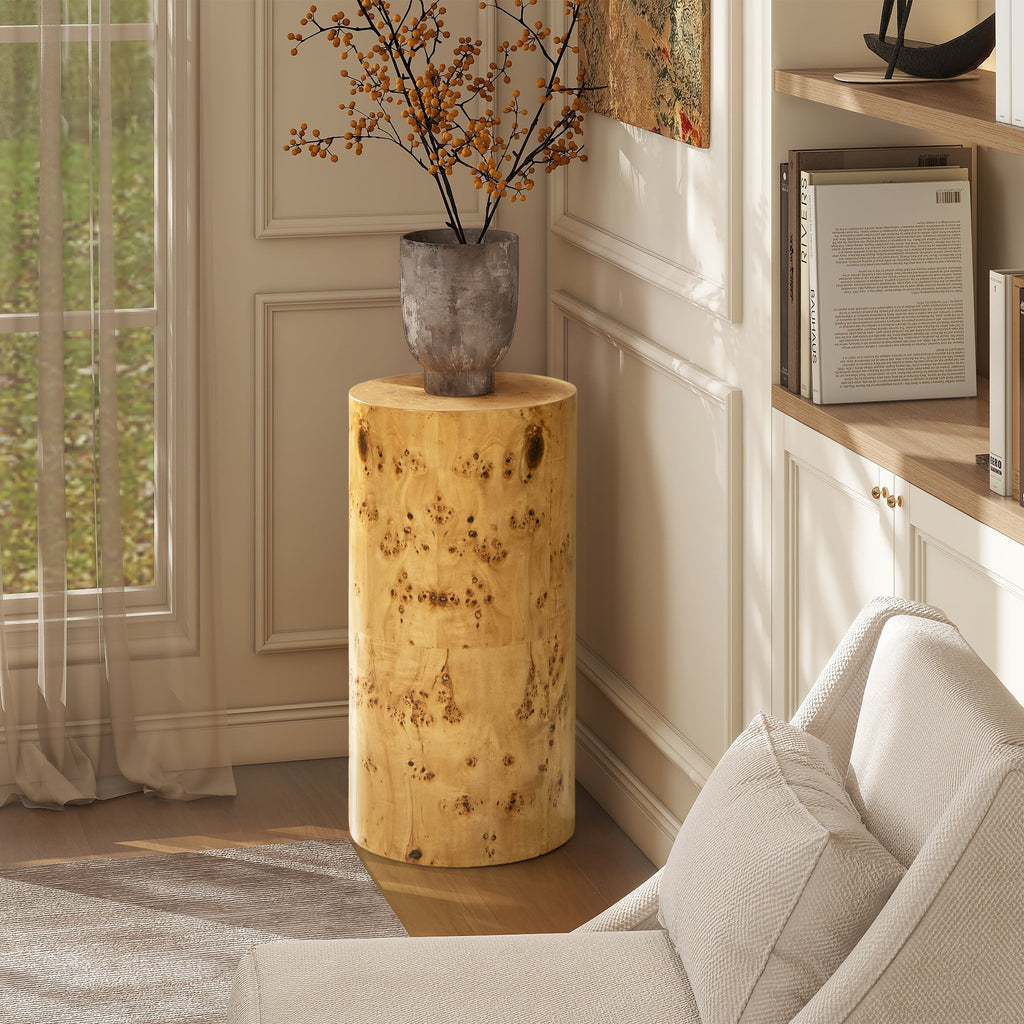 Nebula 29.5' Burl Accent Pillar Side Table, Warm Natural Brown Burl Wood