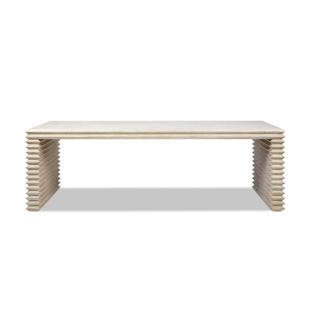 Veda 94' Reclaimed Wood Stacked Geometric Waterfall Dining Table, Seats up to 8, Whitewashed Natural Reclaimed Pine Wood