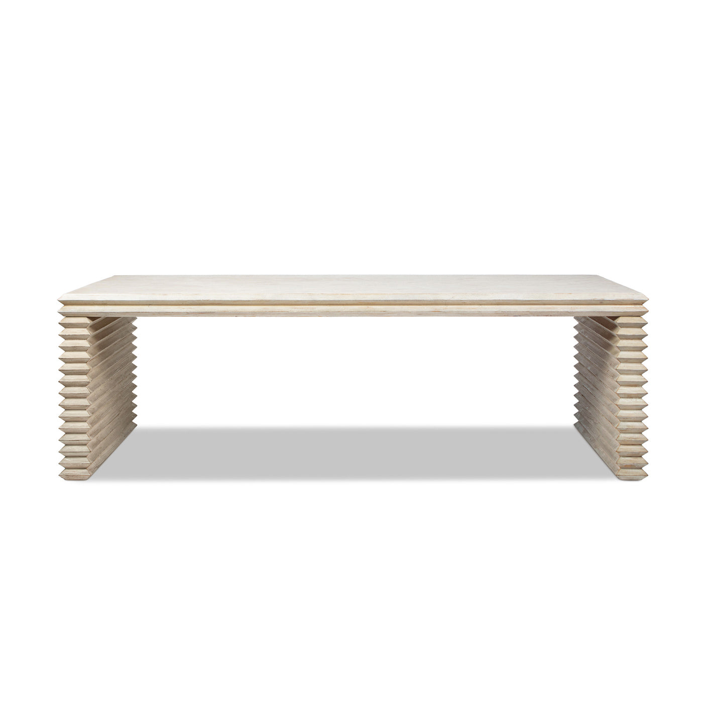 Veda 94' Reclaimed Wood Stacked Geometric Waterfall Dining Table, Seats up to 8, Whitewashed Natural Reclaimed Pine Wood