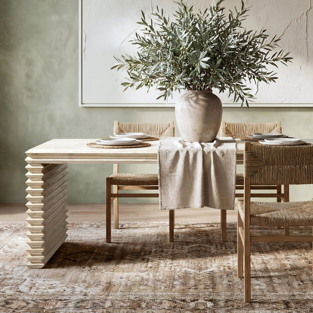 Veda 94' Reclaimed Wood Stacked Geometric Waterfall Dining Table, Seats up to 8, Whitewashed Natural Reclaimed Pine Wood