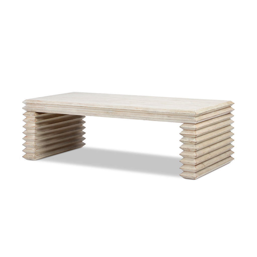 Veda 55' Reclaimed Wood Stacked Geometric Waterfall Coffee Table, Whitewashed Natural Reclaimed Pine Wood