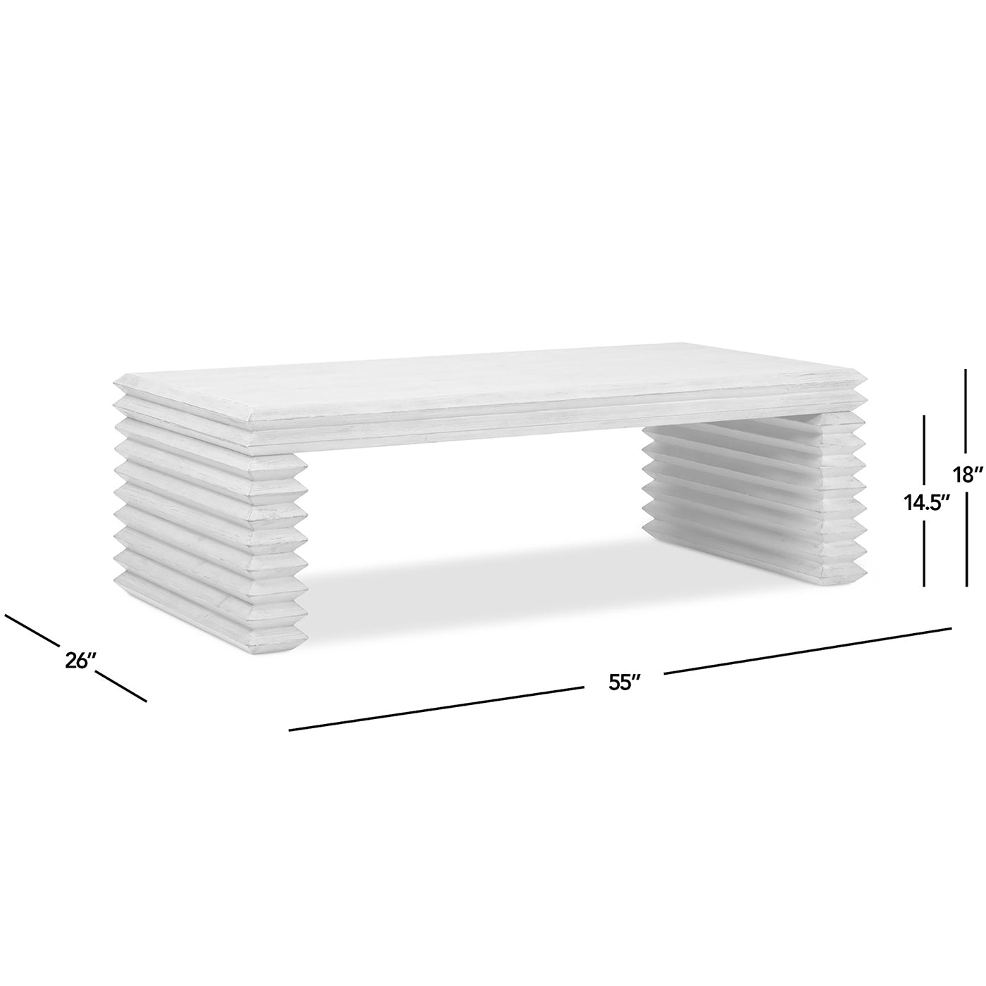 Veda 55' Reclaimed Wood Stacked Geometric Waterfall Coffee Table, Whitewashed Natural Reclaimed Pine Wood