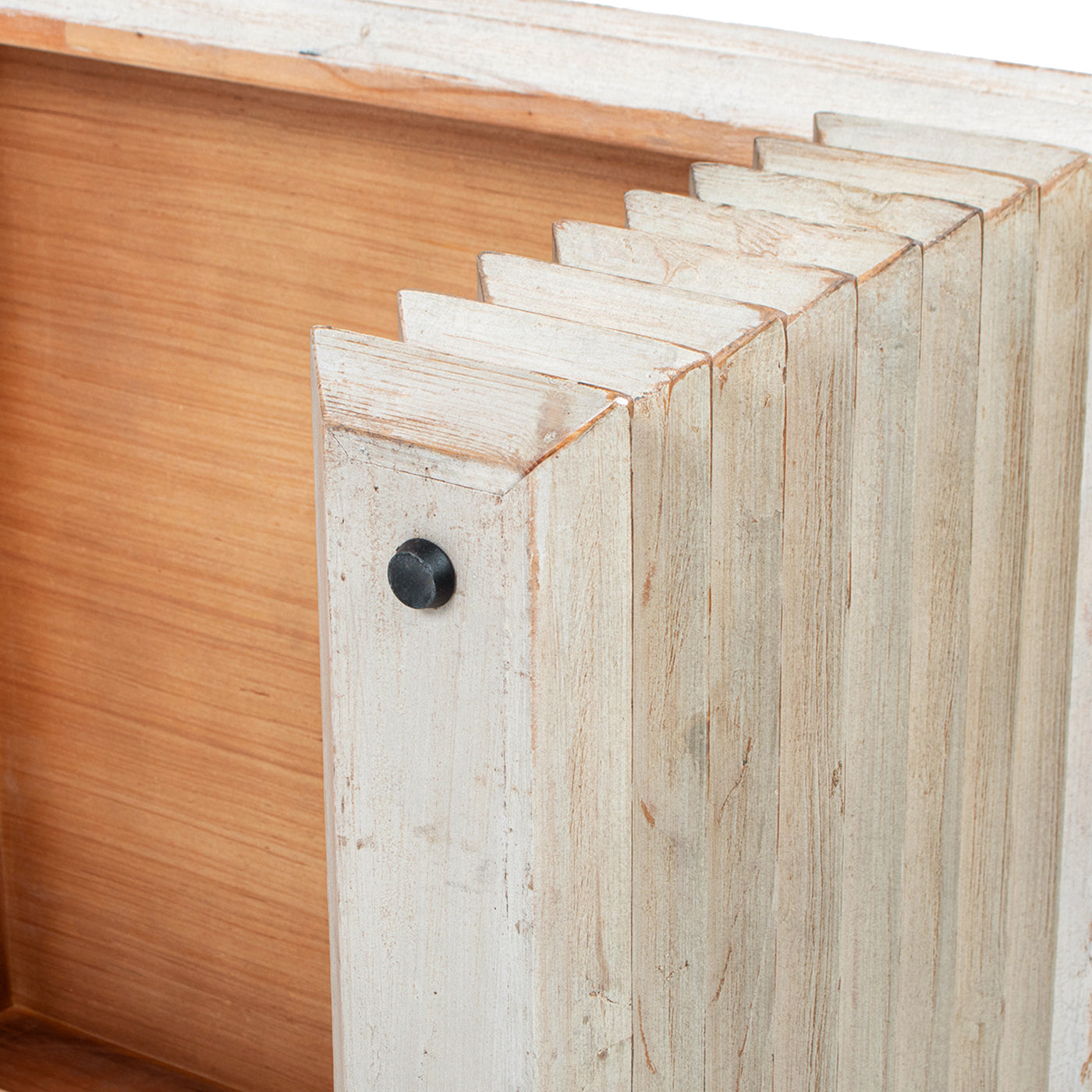 Veda 55' Reclaimed Wood Stacked Geometric Waterfall Coffee Table, Whitewashed Natural Reclaimed Pine Wood