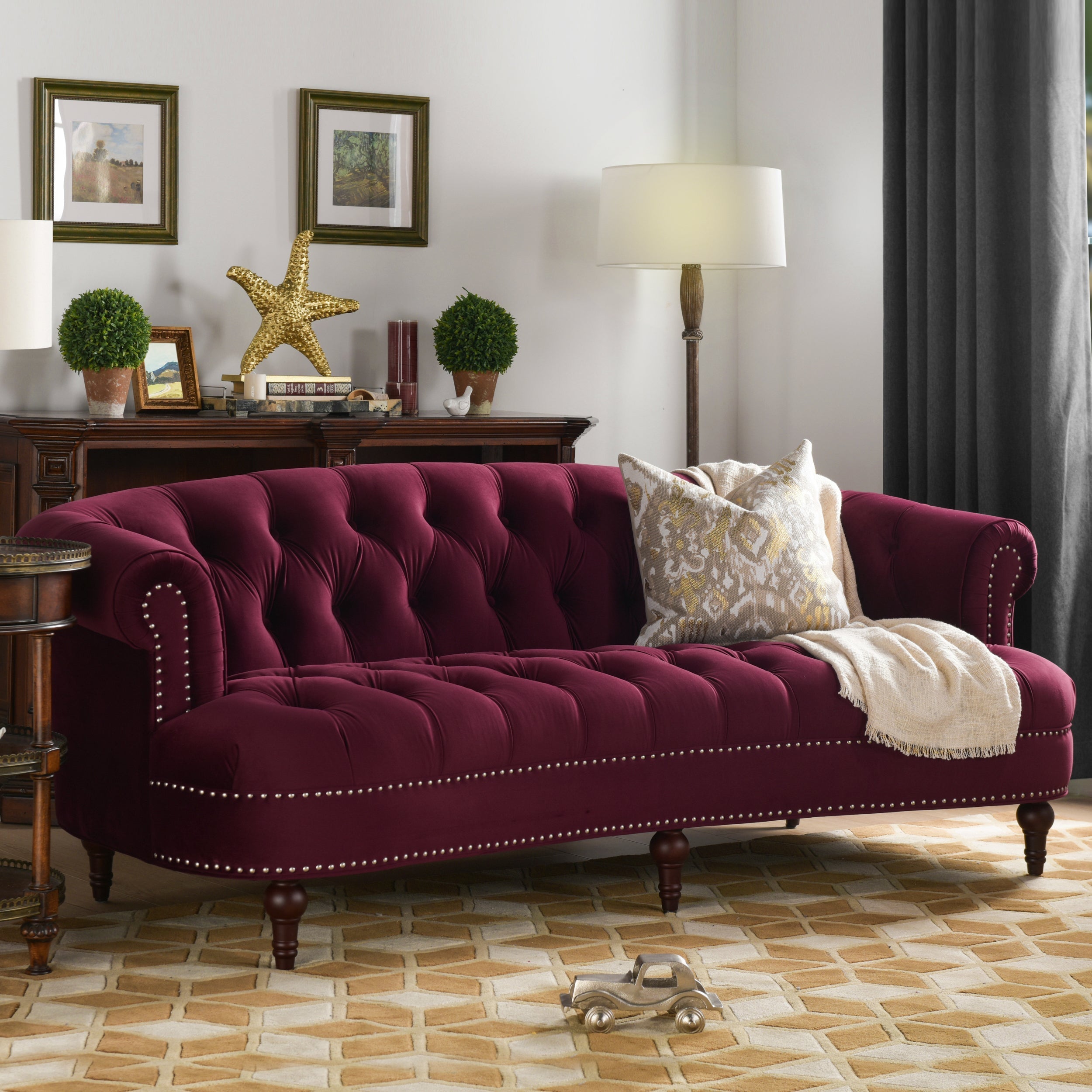 La Rosa Victorian Chesterfield Tufted Sofa, Burgundy Velvet