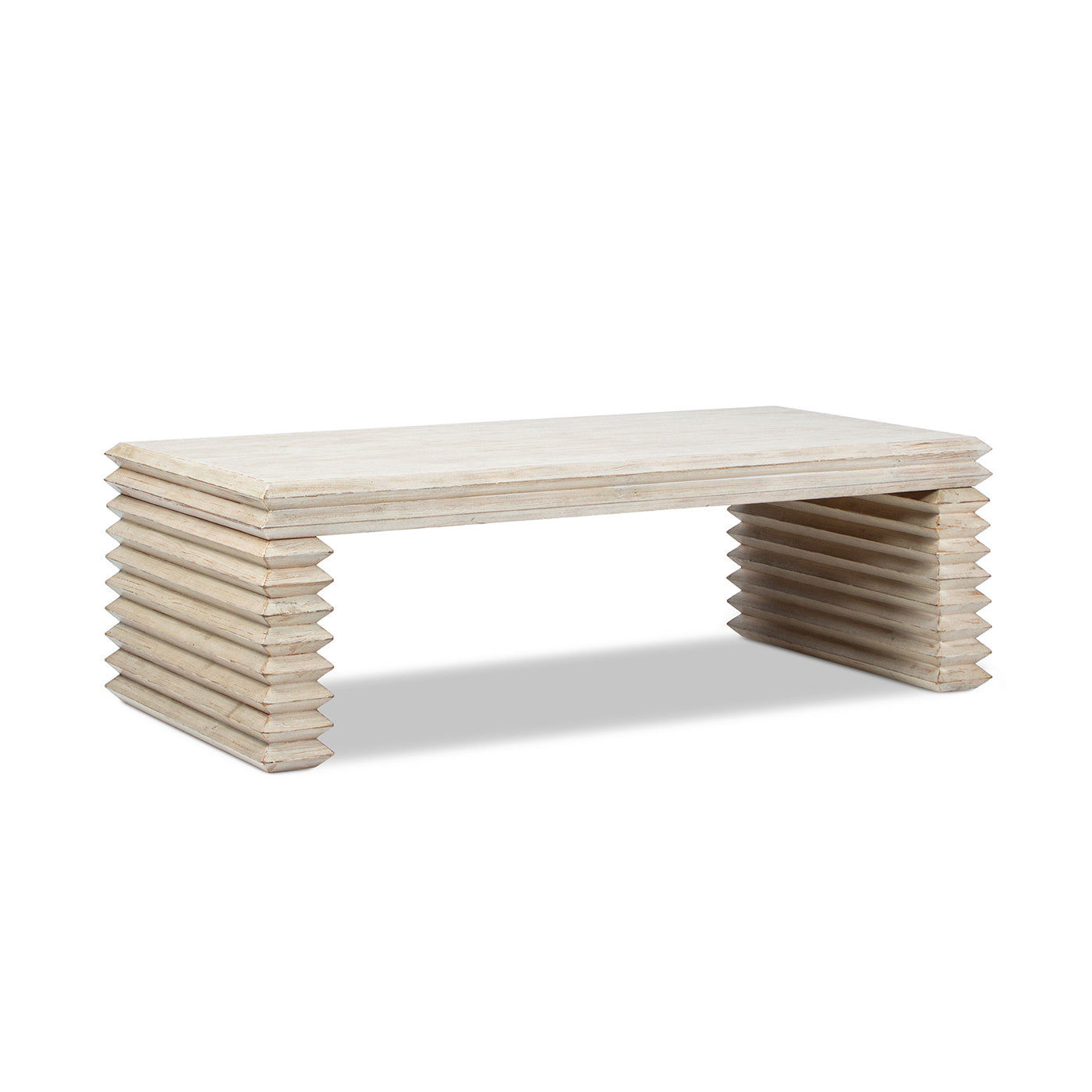 Veda 55' Reclaimed Wood Stacked Geometric Waterfall Coffee Table, Whitewashed Natural Reclaimed Pine Wood