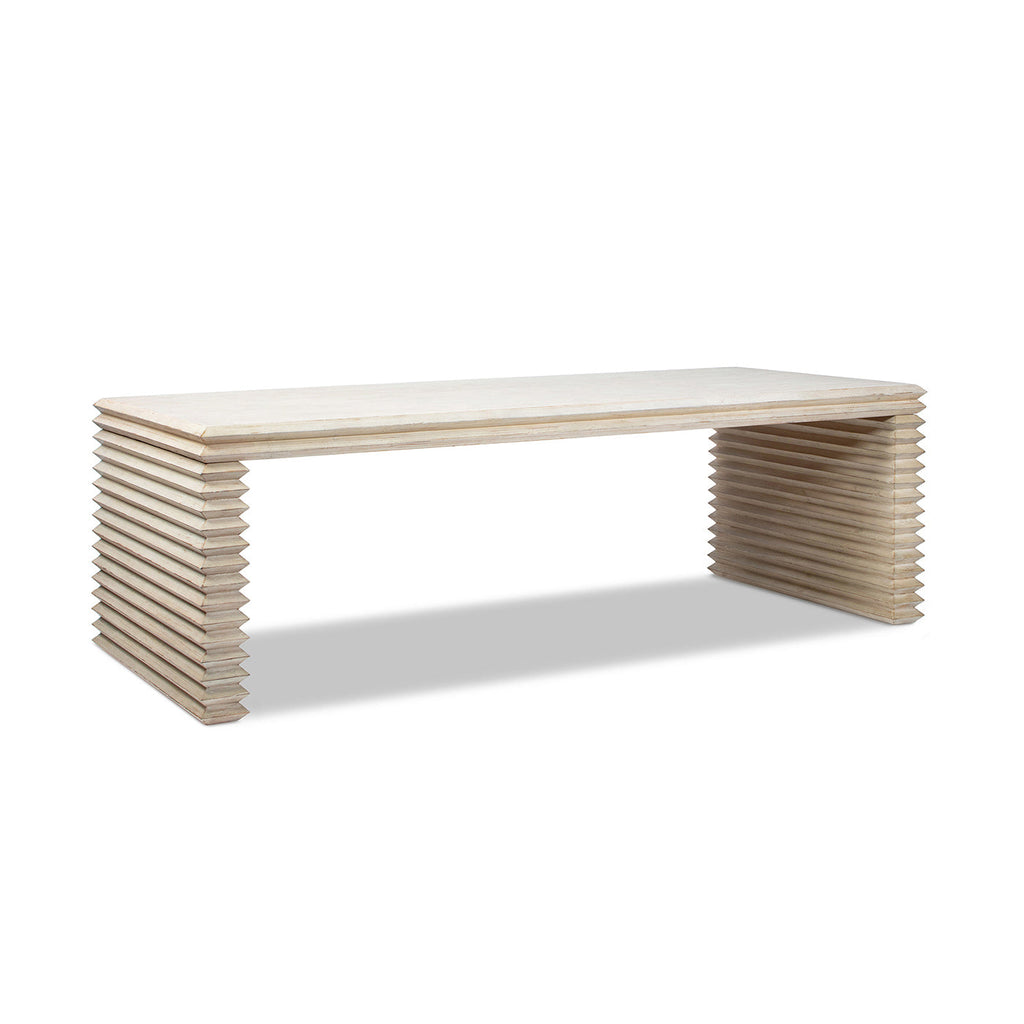 Veda 94' Reclaimed Wood Stacked Geometric Waterfall Dining Table, Seats up to 8, Whitewashed Natural Reclaimed Pine Wood