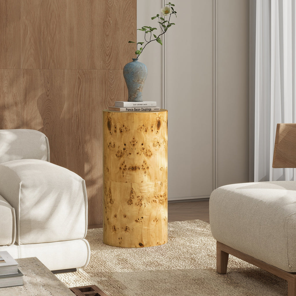 Nebula 29.5' Burl Accent Pillar Side Table, Warm Natural Brown Burl Wood