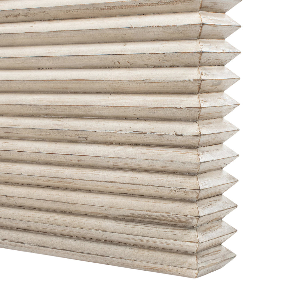 Veda 94' Reclaimed Wood Stacked Geometric Waterfall Dining Table, Seats up to 8, Whitewashed Natural Reclaimed Pine Wood