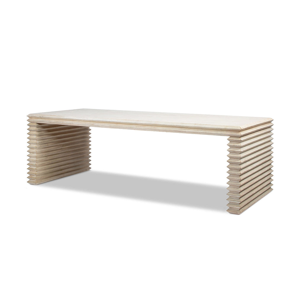 Veda 94' Reclaimed Wood Stacked Geometric Waterfall Dining Table, Seats up to 8, Whitewashed Natural Reclaimed Pine Wood