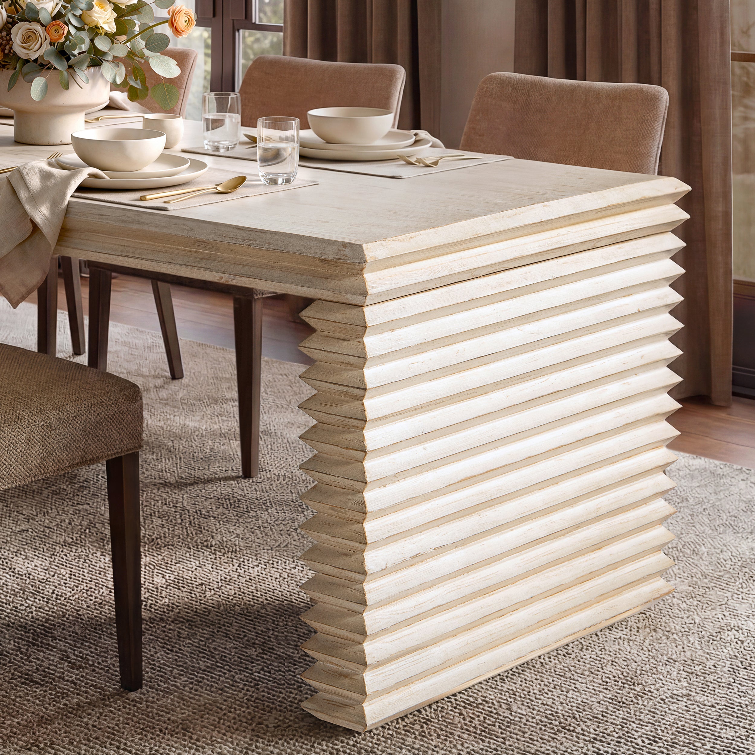 Veda 94' Reclaimed Wood Stacked Geometric Waterfall Dining Table, Seats up to 8, Whitewashed Natural Reclaimed Pine Wood