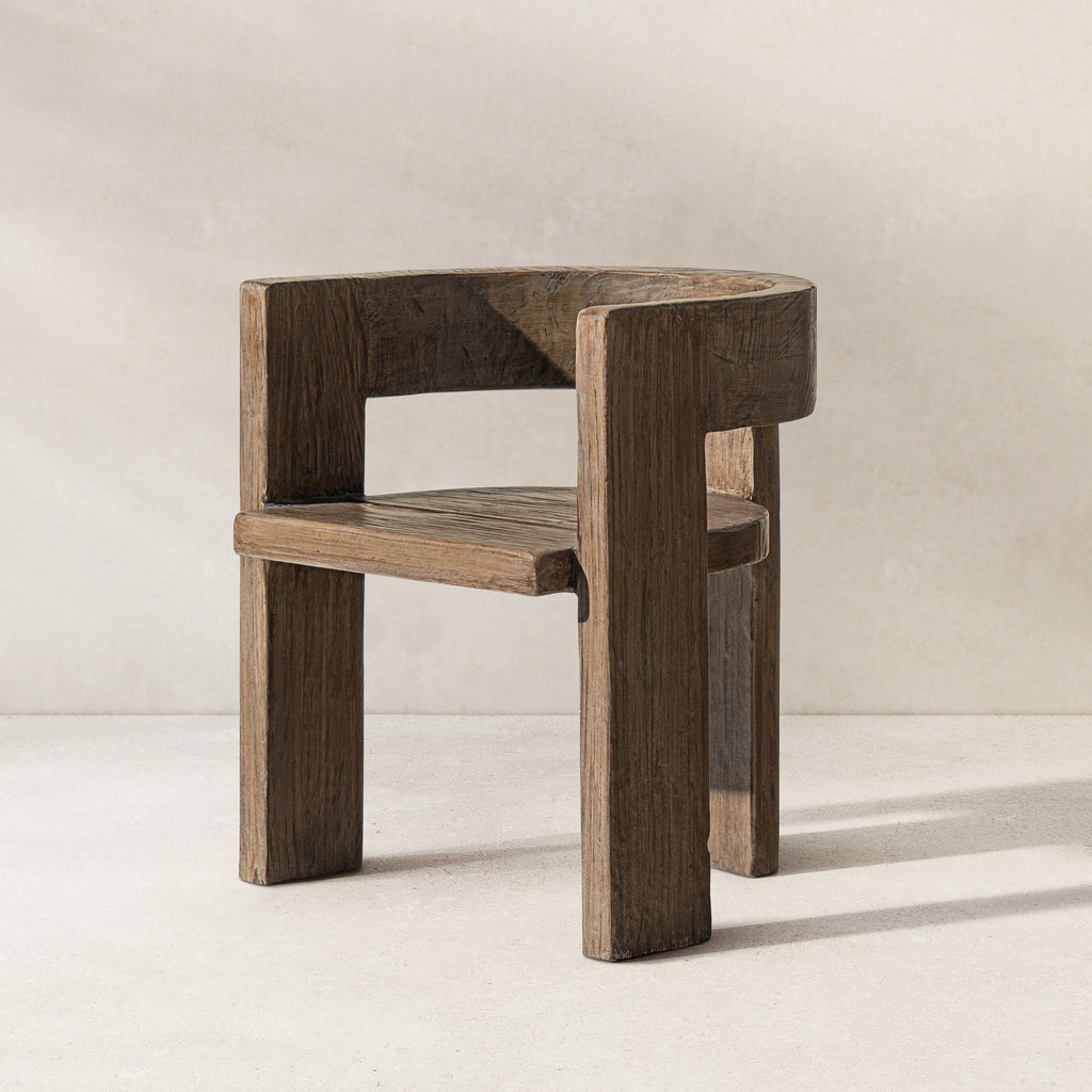 Soren Solid Reclaimed Elm Sculptural Accent Curved Dining Chair, Heritage Medium-Dark Brown