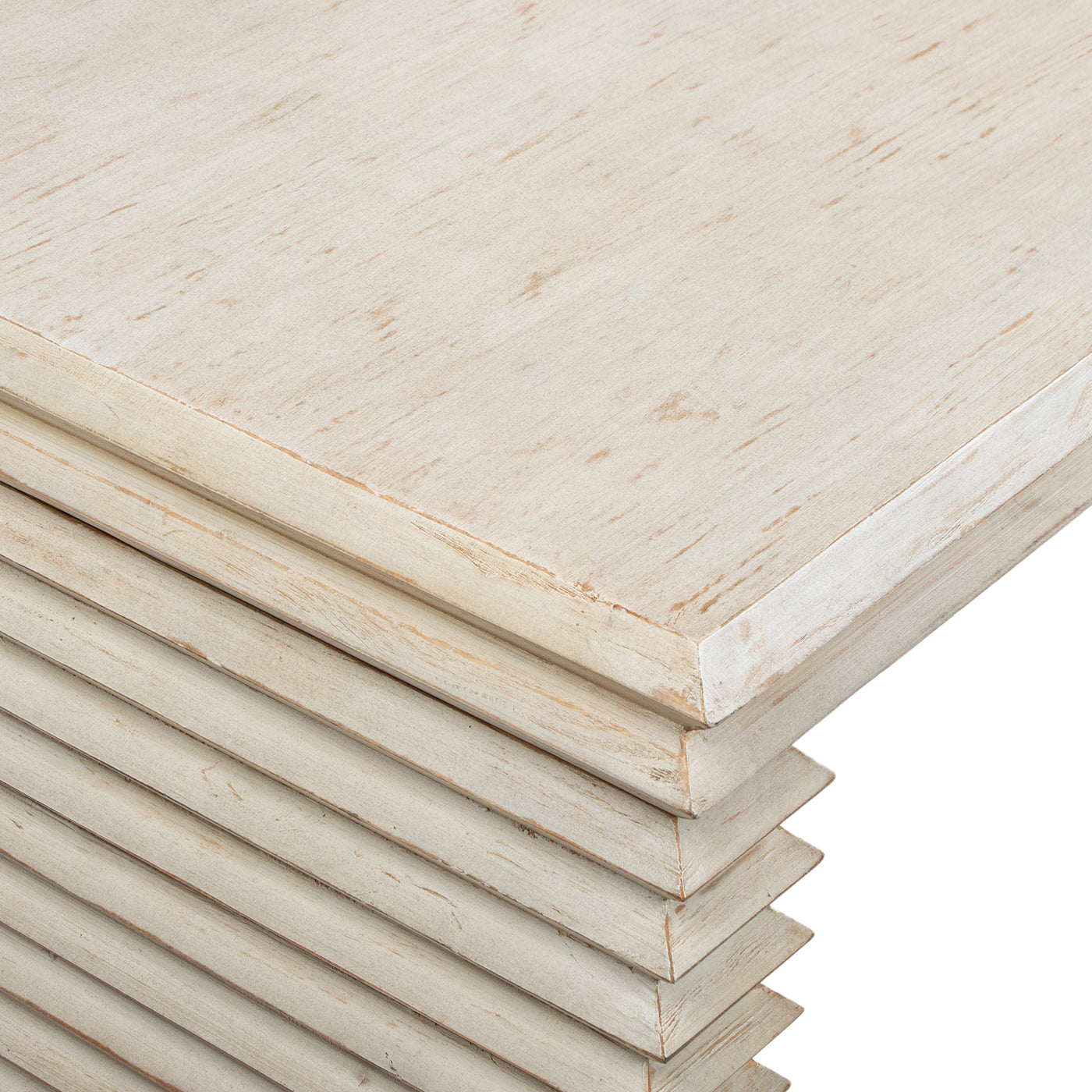 Veda 94' Reclaimed Wood Stacked Geometric Waterfall Dining Table, Seats up to 8, Whitewashed Natural Reclaimed Pine Wood