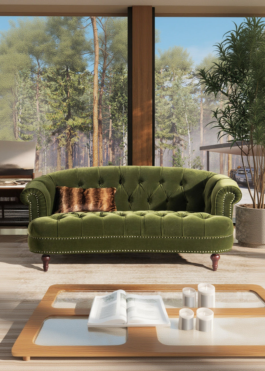 La Rosa Victorian Chesterfield Loveseat, Olive Green Performance Velvet