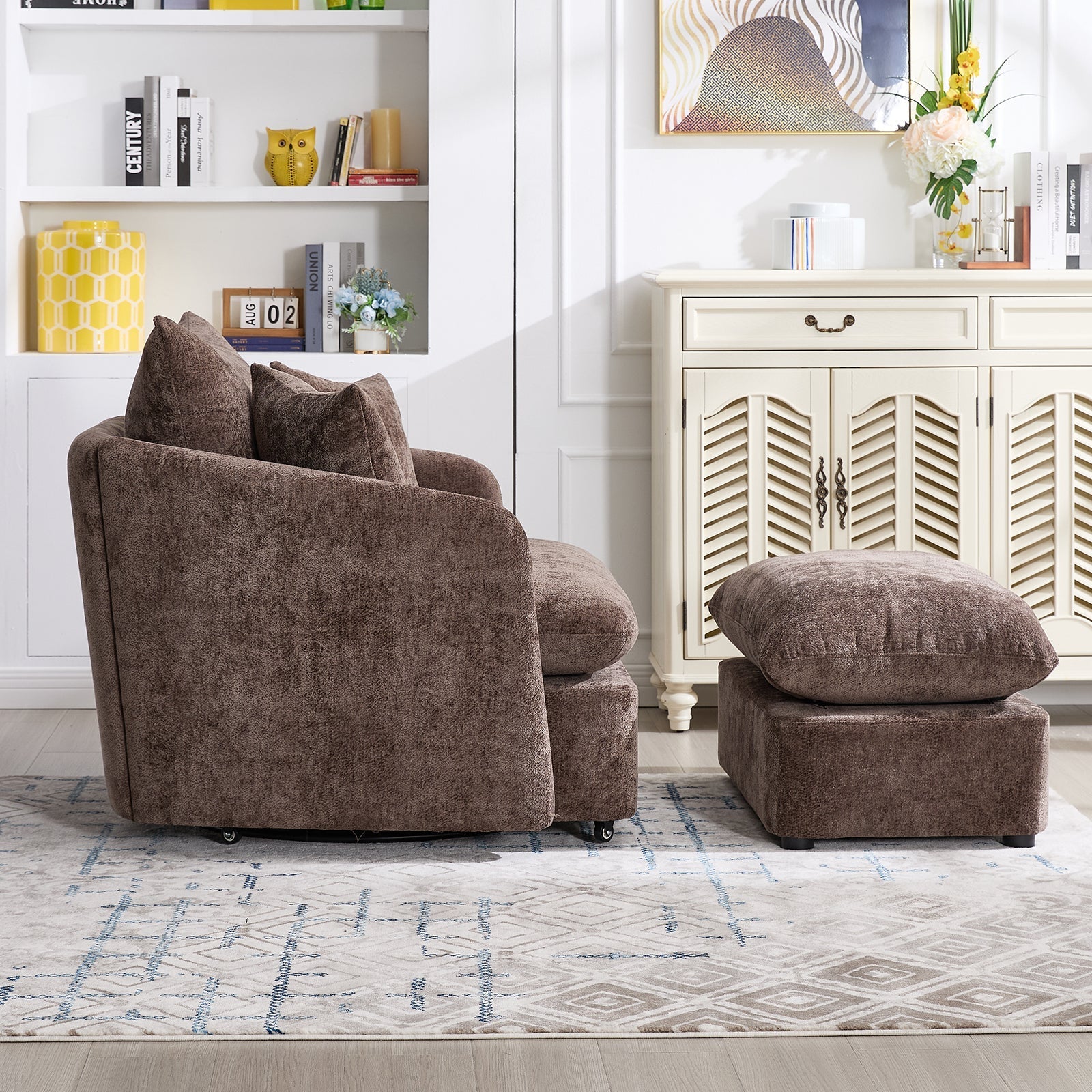 46.1" W Upholstered Oversized Swivel Accent Chair with Ottoman