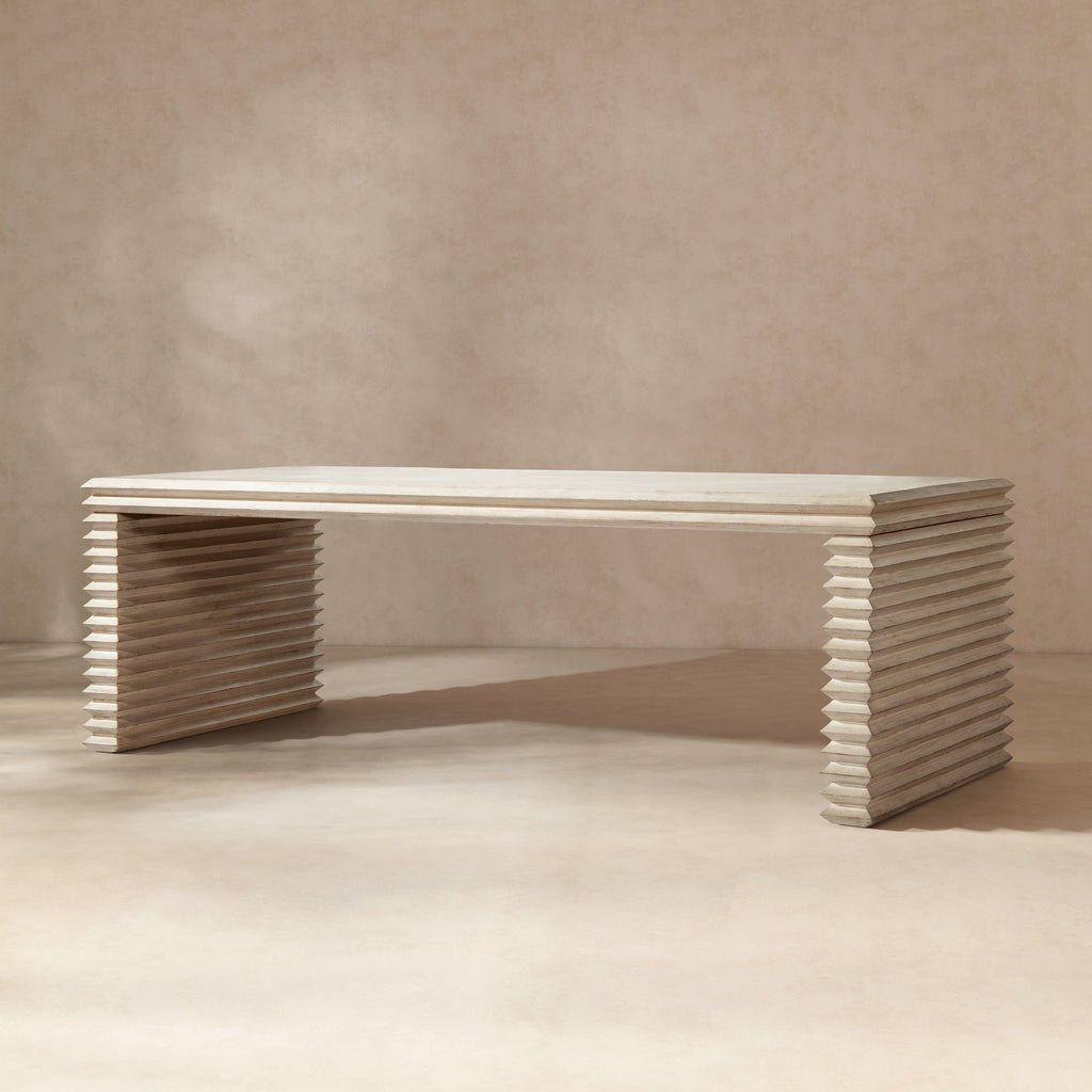 Veda 94' Reclaimed Wood Stacked Geometric Waterfall Dining Table, Seats up to 8, Whitewashed Natural Reclaimed Pine Wood