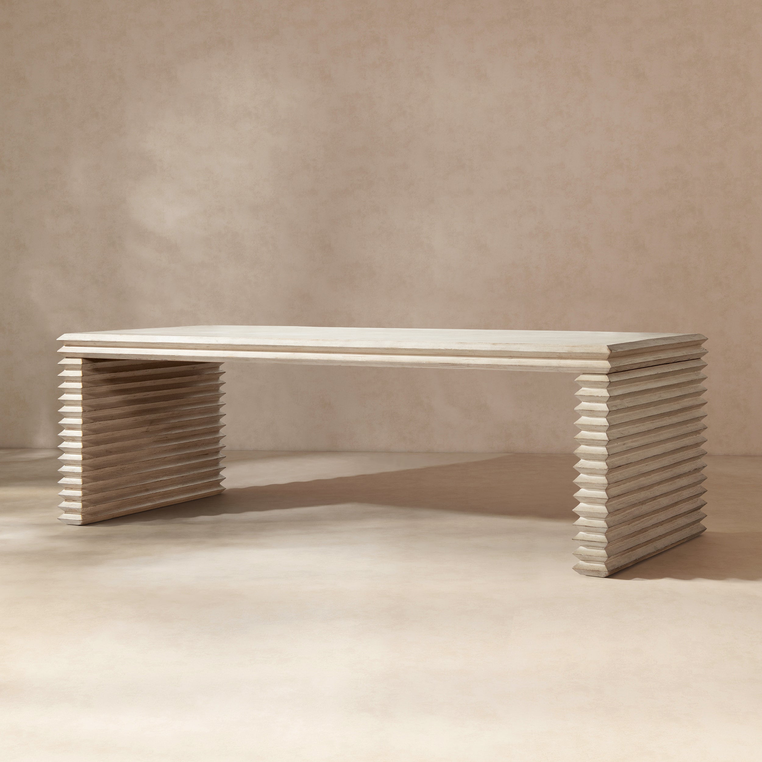 Veda 94' Reclaimed Wood Stacked Geometric Waterfall Dining Table, Seats up to 8, Whitewashed Natural Reclaimed Pine Wood